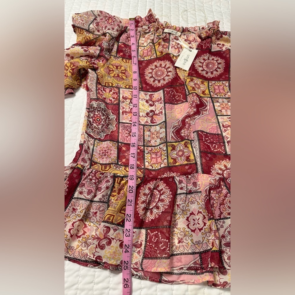 Umgee Multicolor Patchwork Blouse with Ruffle Sleeves - Picture 6 of 11